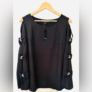 Badgley Mischka Black Blouse with Bow‎ Details Bell Sleeve Lightweight Sz Medium